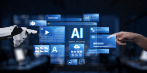 Artificial Intelligence digital brain concept with blue technology network background representing smart business transformation