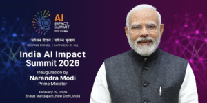 Prime Minister Narendra Modi stands center stage at the India AI Impact Summit 2026 in Bharat Mandapam, New Delhi, posing for a group photo with prominent global tech executives including OpenAI CEO Sam Altman, Anthropic CEO Dario Amodei, Google CEO Sundar Pichai, and other AI industry leaders, symbolizing international collaboration on human-centric artificial intelligence; the leaders are dressed in formal attire, some raising clasped hands in a gesture of unity under bright stage lighting with summit branding visible in the background.